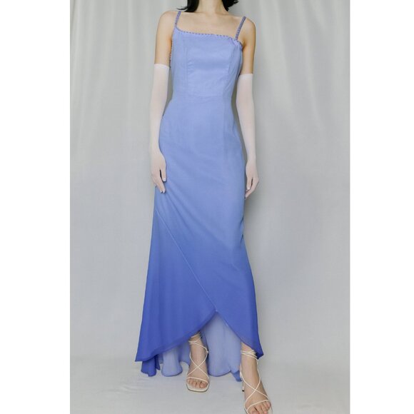 Vtg US 4 Ombre Blue Asymmetric Front Slit Mesh Overylay Slip Cocktail Gown Dress - Picture 2 of 6